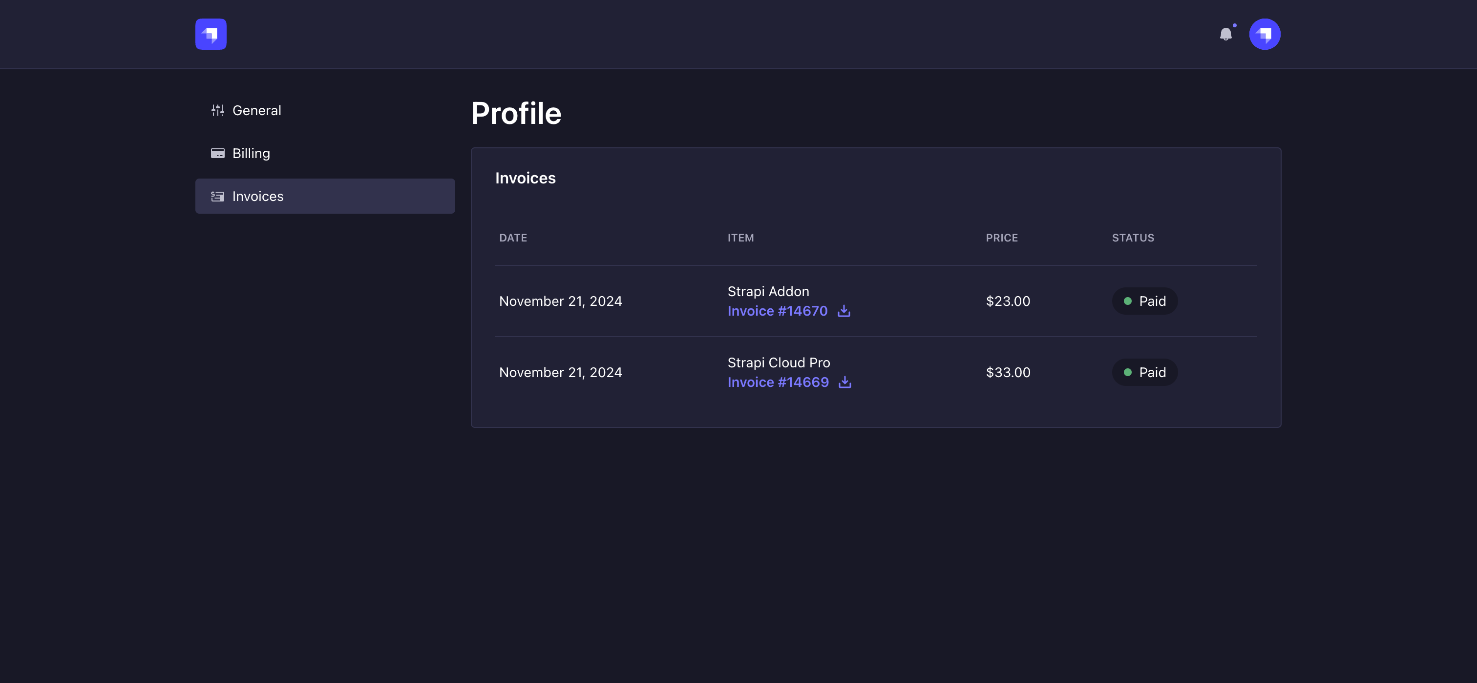 Invoices tab of Profile page